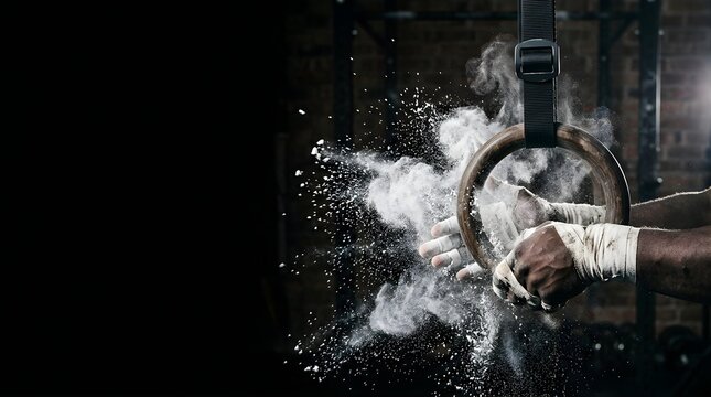 Athlete hands clapping gymnastics rings with white chalk dust explosion