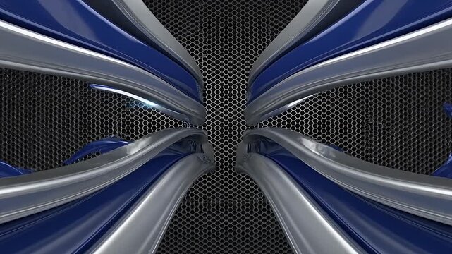 Abstract blue and silver curved metallic 3D structures.
