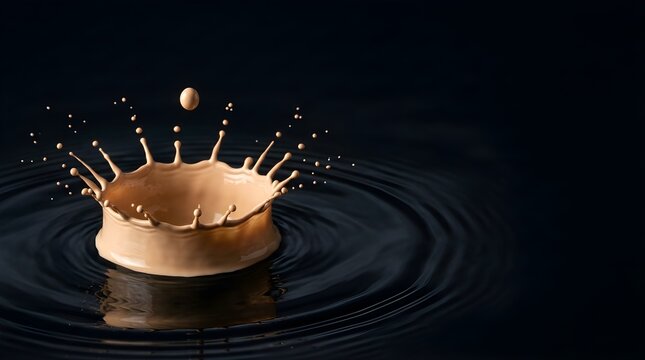 Beige liquid crown splash dropping into dark water with ripples