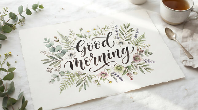 Good morning handwritten calligraphy with botanical watercolor floral frame on paper.