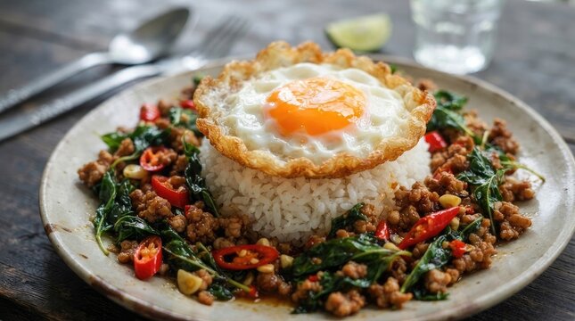 Traditional thai stir fried minced pork with holy basil and a crispy fried egg on rice