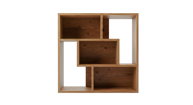 Asymmetrical wooden wall shelf with open storage sections for modern home office decor.