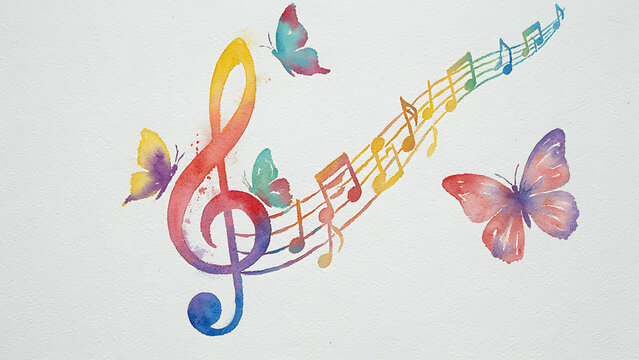 Elegant watercolor butterfly and music notation wave design