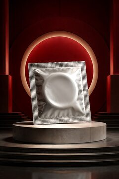 Silver condom wrapper presented on stage with red circular light and dramatic lighting in a studio setting