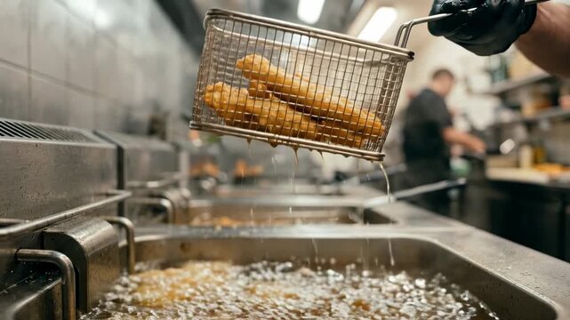Chef in Black Gloves Frying Golden Fish and Chips in a Deep Fryer at a Busy Restaurant Kitchen