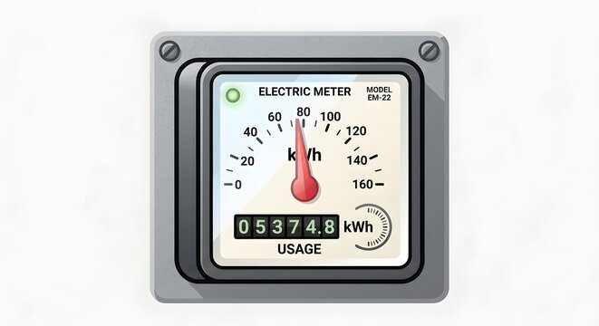 Industrial Analog Electricity Meter Display With Red Gauge Needle And Numerical Digital Readout