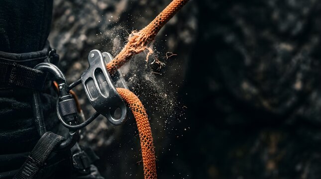 Close up of orange climbing rope fraying inside a metal belay device
