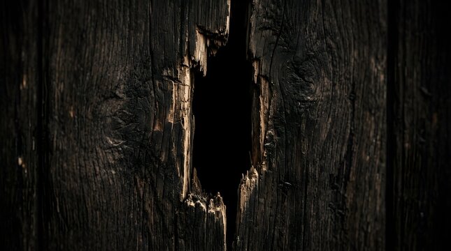 Dark rustic wooden wall with a deep jagged hole in the center