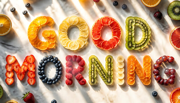 Good Morning text made of fresh fruit slices and berries on a bright marble background
