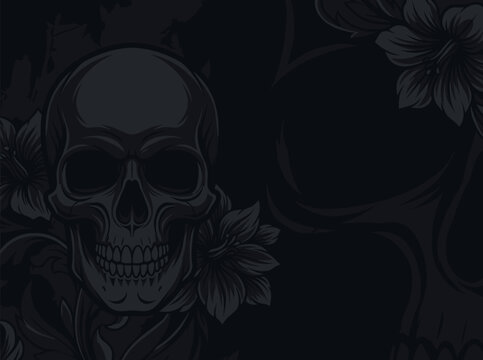 Monochromatic illustration of a human skull positioned on the left side, surrounded by stylized tropical hibiscus flowers and decorative leaves on a dark black textured background.