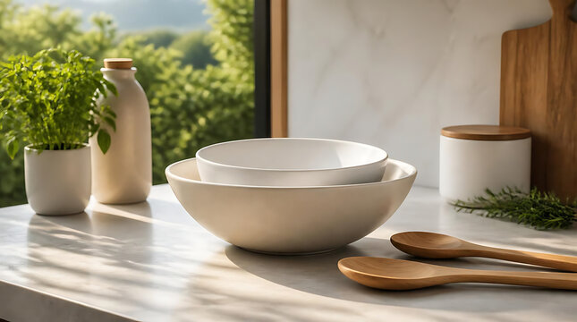 Close up of minimalist ceramic mixing bowls on clean white kitchen counter with bright natural light for cooking concepts