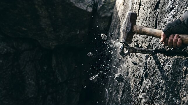 Hand hitting metal chisel with sledgehammer against dark stone wall