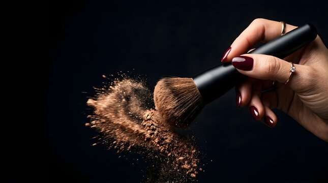 Hand holding professional makeup brush with brown powder explosion