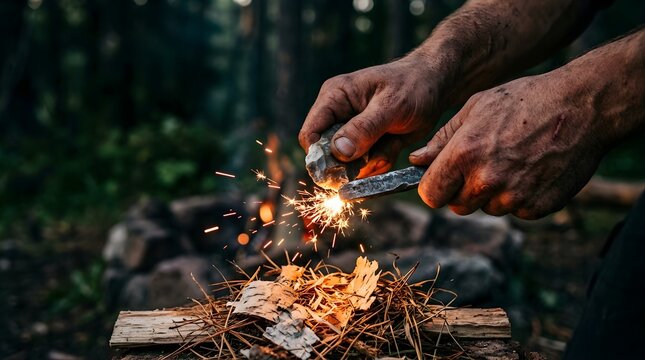 Hands striking flint and steel to create sparks for a campfire in forest