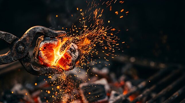 Hot glowing charcoal held by metal tongs with bright flying sparks