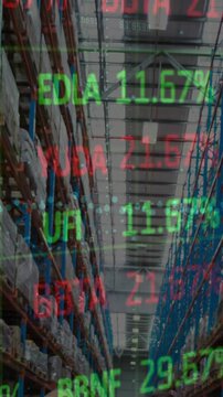 Animation of stock market and financial data processing over empty warehouse