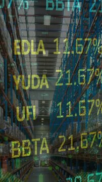 Animation of stock market and financial data processing over empty warehouse