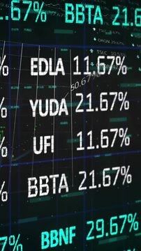 Animation of stock market and statistical data processing against black background