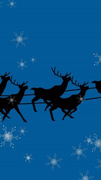 Animation of snowflakes falling over silhouette of santa claus in sleigh being pulled by reindeers