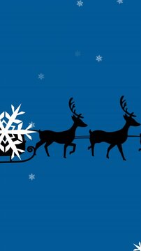 Animation of snowflakes falling over silhouette of santa claus in sleigh being pulled by reindeers