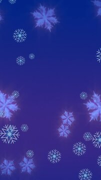 Animation of snowflakes icons falling over blue background with copy space