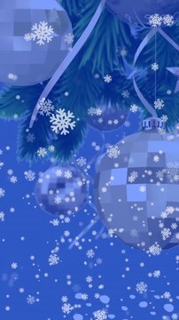 Animation of snowflakes icons falling over decorated christmas tree branch against blue background