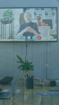 Animation of network of connections over happy caucasian teacher and students