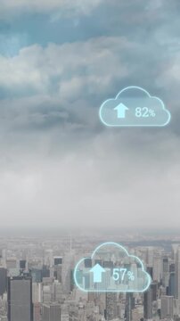 Animation of digital clouds with uploading floating over cityscape
