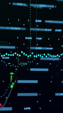 Animation of statistical and financial data processing against black background