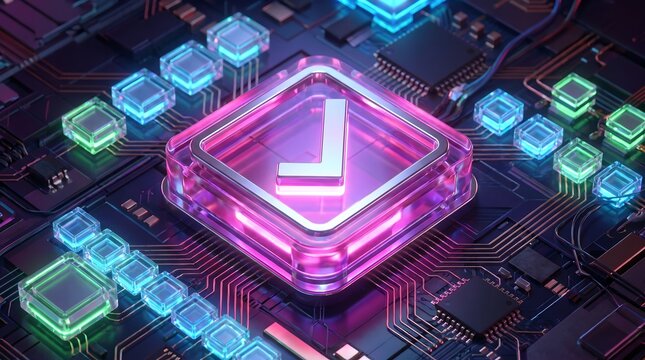 Glowing circuit board with illuminated microchip components and a central download icon in neon colors