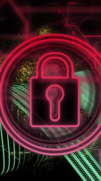 Animation of padlock icon and data processing on dark background