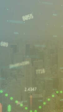 Animation of financial data processing over cityscape