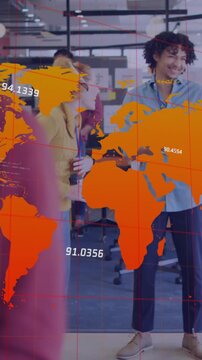 Animation of numbers and computer language on map, diverse coworkers discussing during tea break