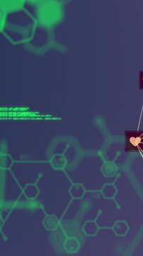 Animation of globes of digital icons spinning and medical data processing against purple background