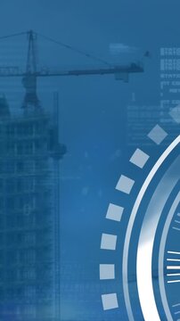 Animation of ticking clock icon and data processing against aerial view of construction site