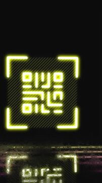 Animation of glowing qr code over neon lines