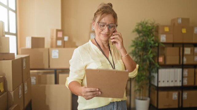 Woman holding clipboard and smartphone to ear, checking stacked packages and smiling in a storage building; small business efficiency.