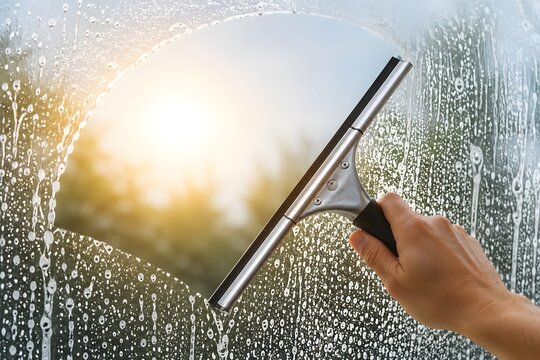 Cleaning Wet Glass Window with Squeegee