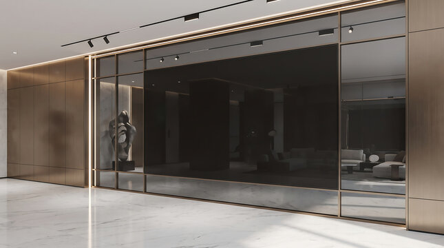 Modern luxury office interior with marble floors and brass metal wall panels and glass partition transparent background
