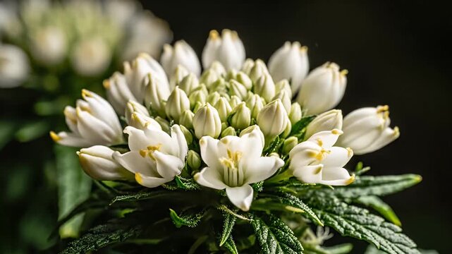 Cluster of white flower buds on green foliage.