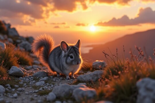 die W&uuml;hlmaus beim Laufen durch eine felsige Landschaft im warmen Abendlicht