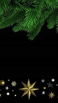 Animation of tree leaves, stars, snowflakes, baubles and stars over black background