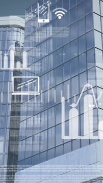 Animation of icons, graphs and trading board over modern buildings against sky