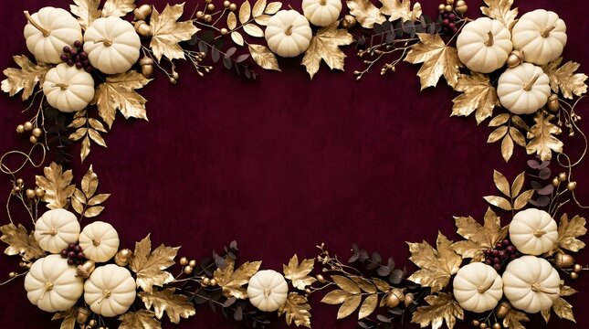 White pumpkins and golden autumn foliage arranged as decorative seasonal frame on dark burgundy background for thanksgiving.
