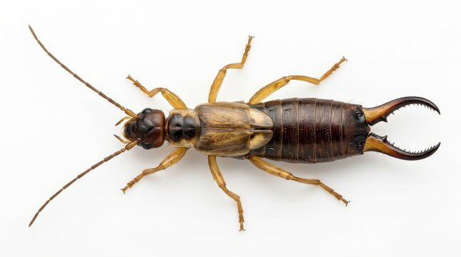 Common Earwig Insect Isolated on White Background - Macro Photography of Forficula auricularia