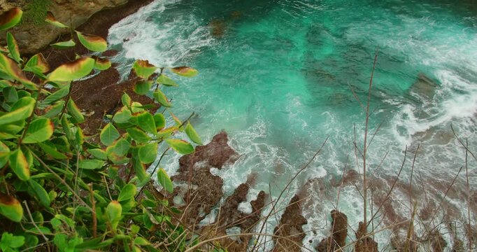Leaves frame view of turquoise ocean waves water and coastal rock formations on tropical Island Nusa Penida