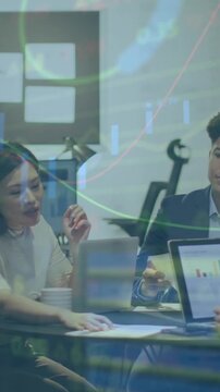 Animation of stock market data processing over group of diverse colleagues discussing at office