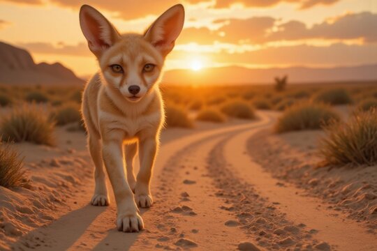 Fennek beim Laufen auf einem sandigen W&uuml;stenweg bei goldenem Sonnenuntergang