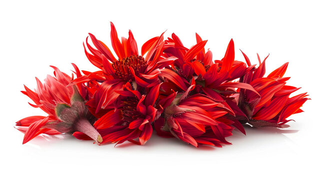 Vibrant red safflower flowers and petals in a healthy lifestyle composition isolated on a white background.
