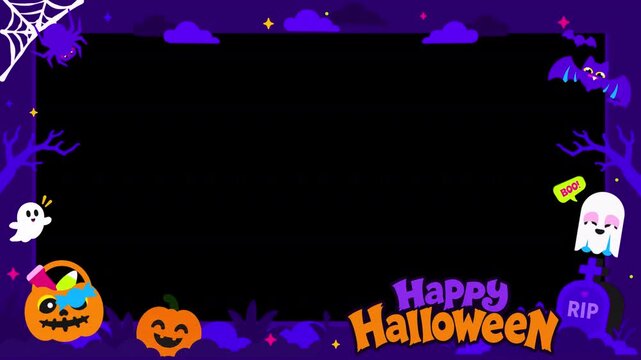 Halloween Animated Border Overlay with Pumpkins, Ghosts, Bat and Tombstone - Transparent